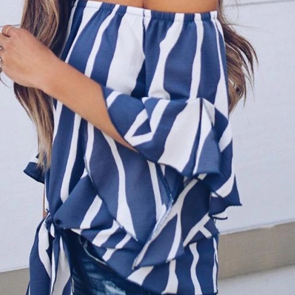 Blue & White off the shoulder blouse - Picture 2 of 2